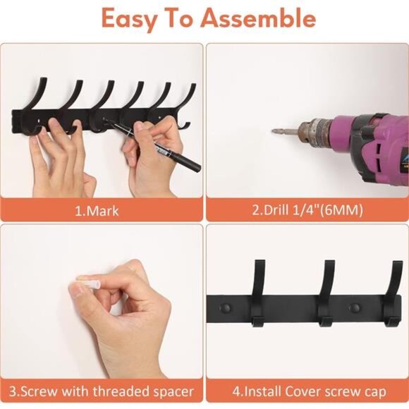 2 Pack Coat Rack Wall Mount, Coat Hooks Wall Mount, Wall Hooks for Hanging - Picture 5 of 7